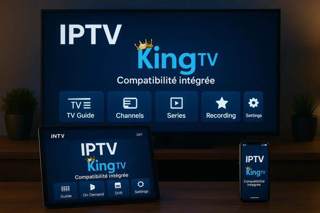 king365TV 2 Interface King 365 IPTV affichant l’écran principal avec les options TV Guide, Chaînes, Séries, Enregistrement et Paramètres, illustrant la compatibilité intégrée de la plateforme.