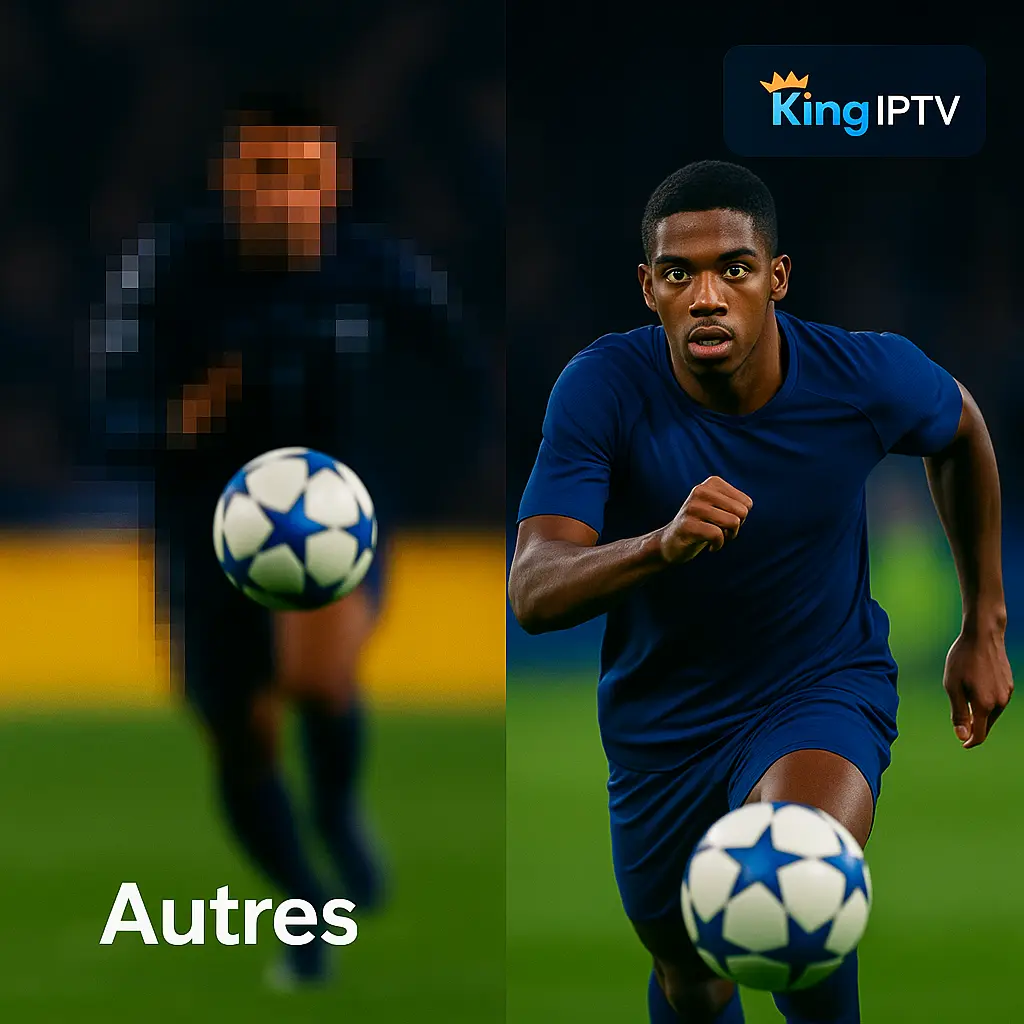 king365TV 3 Comparaison visuelle de la qualité d’image entre King IPTV et d’autres serveurs, montrant un joueur de football net à droite et une image floue à gauche pour illustrer la différence de performance.
